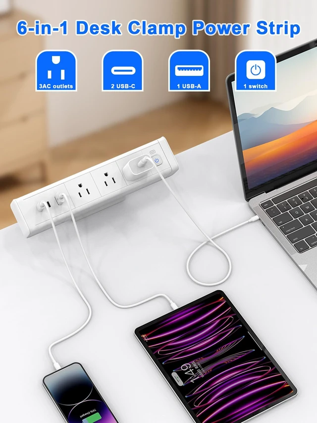 Alt view image 2 of 5 - Desk Clamp Power Strip 3 Outlet 2 PD 20W USB-C Ports White 1 USB-A Ports,Desktop Edge Mount Outlet Spaced Surge Protector Fast Charging Station, 6.6 Ft Extension Cord for Office Home