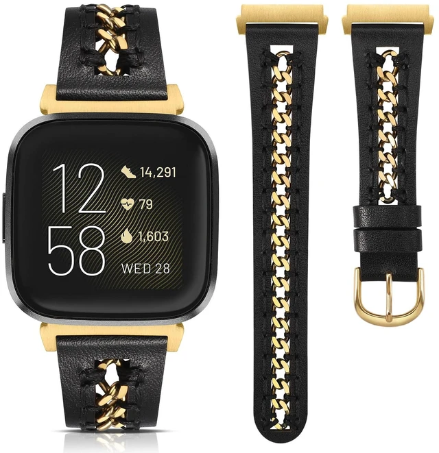 Main image of Leather Band Compatible with Fitbit Versa 2/Fitbit Versa/Versa Lite Bands Women, Dressy Premium Leather Designer Strap with Stainless Steel Metal Chain for Versa 2 Smartwatch Accessories
