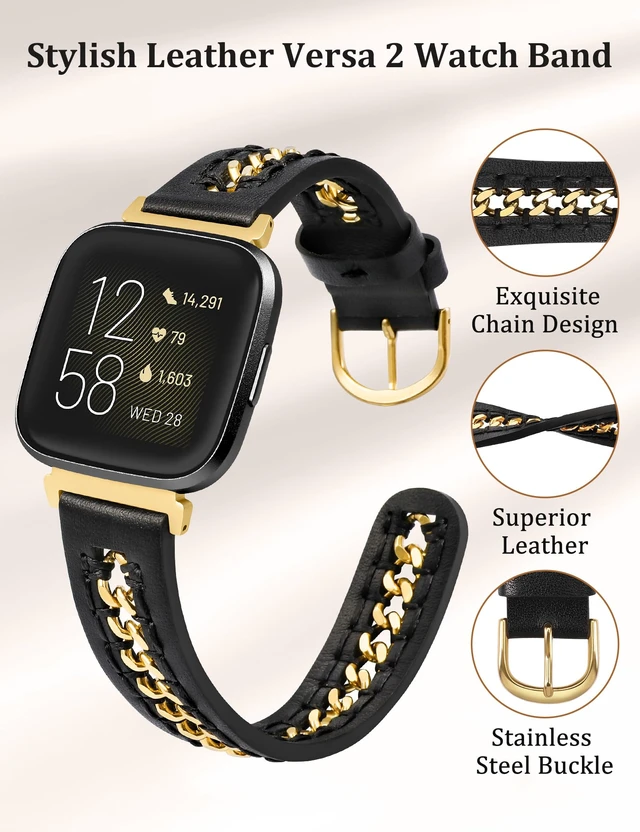 Alt view image 3 of 6 - Leather Band Compatible with Fitbit Versa 2/Fitbit Versa/Versa Lite Bands Women, Dressy Premium Leather Designer Strap with Stainless Steel Metal Chain for Versa 2 Smartwatch Accessories