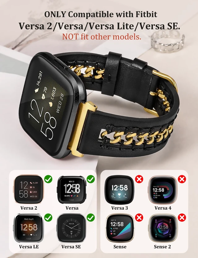 Alt view image 2 of 6 - Leather Band Compatible with Fitbit Versa 2/Fitbit Versa/Versa Lite Bands Women, Dressy Premium Leather Designer Strap with Stainless Steel Metal Chain for Versa 2 Smartwatch Accessories