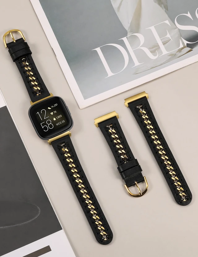 Alt view image 4 of 6 - Leather Band Compatible with Fitbit Versa 2/Fitbit Versa/Versa Lite Bands Women, Dressy Premium Leather Designer Strap with Stainless Steel Metal Chain for Versa 2 Smartwatch Accessories