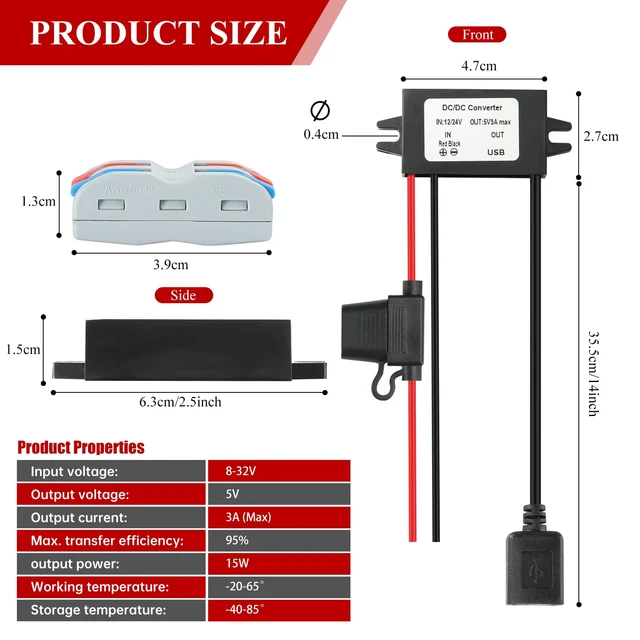 Alt view image 6 of 7 - IP67 Waterproof USB Charger 8-32V to 5V 3A-15W DC-DC Converter with USB-A Port, Suitable for Trucks/RVs/Boats/Building Equipment -Waterproof/Dustproof