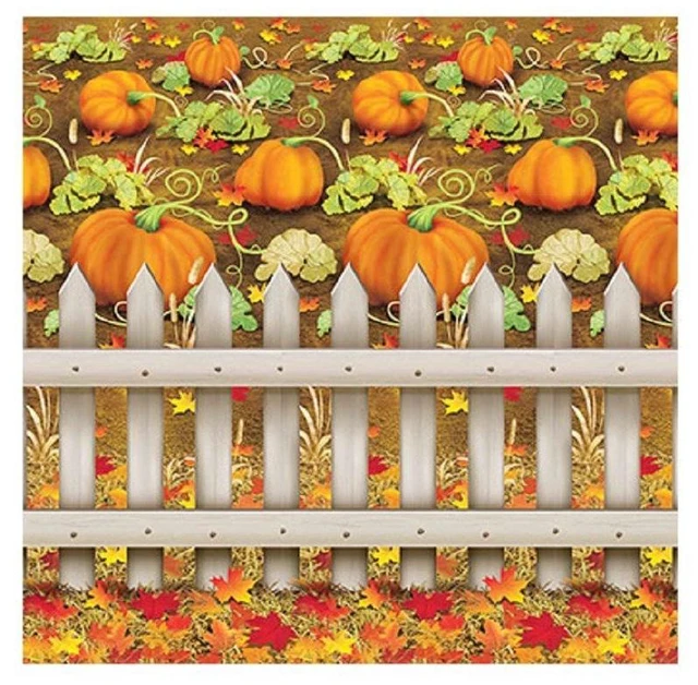 Main image of Printed Plastic Autumn Pumpkin Patch Photo Booth Backdrop Fall Harvest Thanksgiving Party Decorations, 4' x 30'