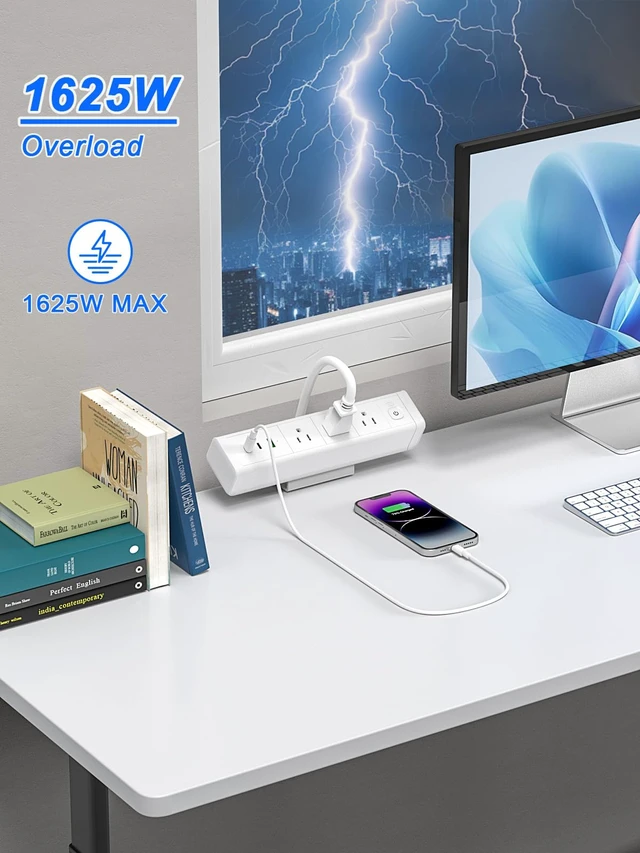 Alt view image 3 of 5 - Desk Clamp Power Strip 3 Outlet 2 PD 20W USB-C Ports White 1 USB-A Ports,Desktop Edge Mount Outlet Spaced Surge Protector Fast Charging Station, 6.6 Ft Extension Cord for Office Home