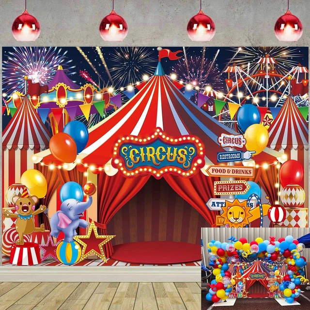 Main image of Red Circus Carnival Backdrop 8x6FT Amusement Park Tents Playground Banner Circus Theme Photography Background, Newborn Baby Shower Photo Props, Birthday Party Cake Table Decorations Banner