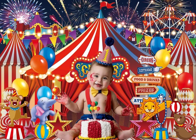 Alt view image 2 of 7 - Red Circus Carnival Backdrop 8x6FT Amusement Park Tents Playground Banner Circus Theme Photography Background, Newborn Baby Shower Photo Props, Birthday Party Cake Table Decorations Banner