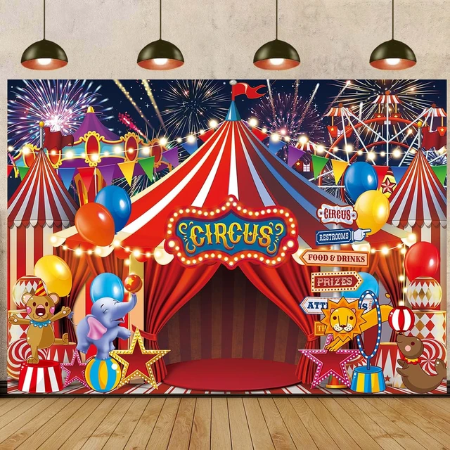 Alt view image 3 of 7 - Red Circus Carnival Backdrop 8x6FT Amusement Park Tents Playground Banner Circus Theme Photography Background, Newborn Baby Shower Photo Props, Birthday Party Cake Table Decorations Banner
