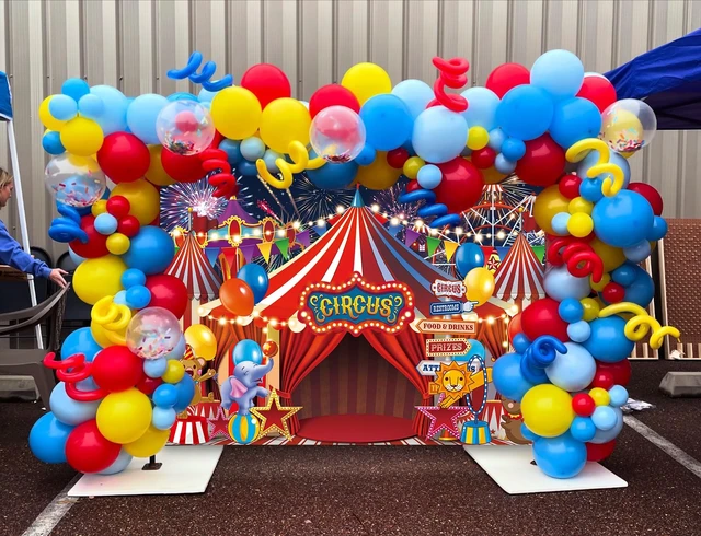 Alt view image 5 of 7 - Red Circus Carnival Backdrop 8x6FT Amusement Park Tents Playground Banner Circus Theme Photography Background, Newborn Baby Shower Photo Props, Birthday Party Cake Table Decorations Banner