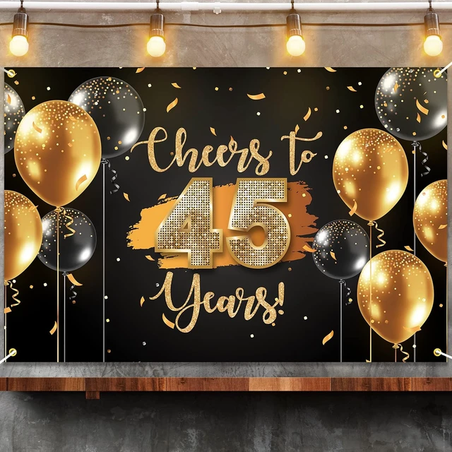 Alt view image 3 of 7 - Black Gold Cheers to 45 Years Backdrop Banner Happy 45th Birthday Balloon Background Decorations for Women Men Her Him Anniversary Photography Party Supplies