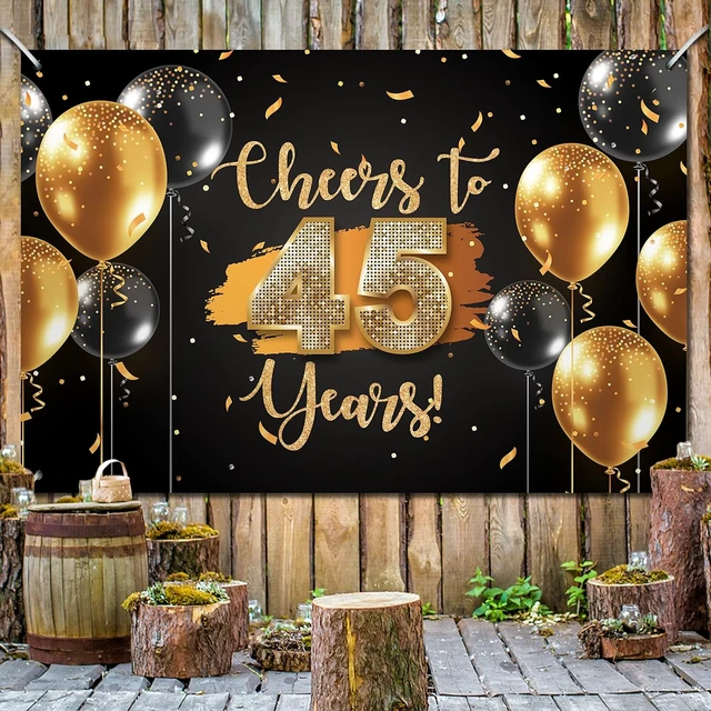 Alt view image 4 of 7 - Black Gold Cheers to 45 Years Backdrop Banner Happy 45th Birthday Balloon Background Decorations for Women Men Her Him Anniversary Photography Party Supplies