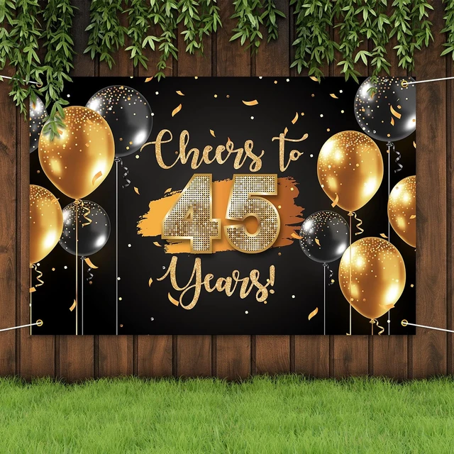 Alt view image 5 of 7 - Black Gold Cheers to 45 Years Backdrop Banner Happy 45th Birthday Balloon Background Decorations for Women Men Her Him Anniversary Photography Party Supplies