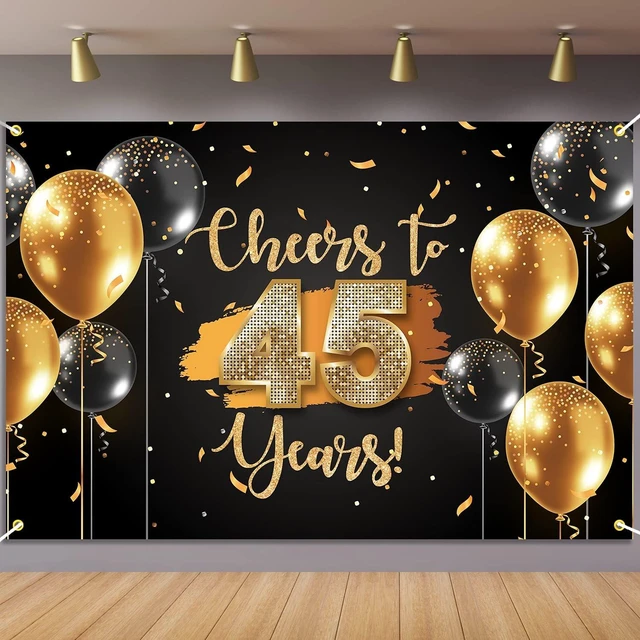 Main image of Black Gold Cheers to 45 Years Backdrop Banner Happy 45th Birthday Balloon Background Decorations for Women Men Her Him Anniversary Photography Party Supplies