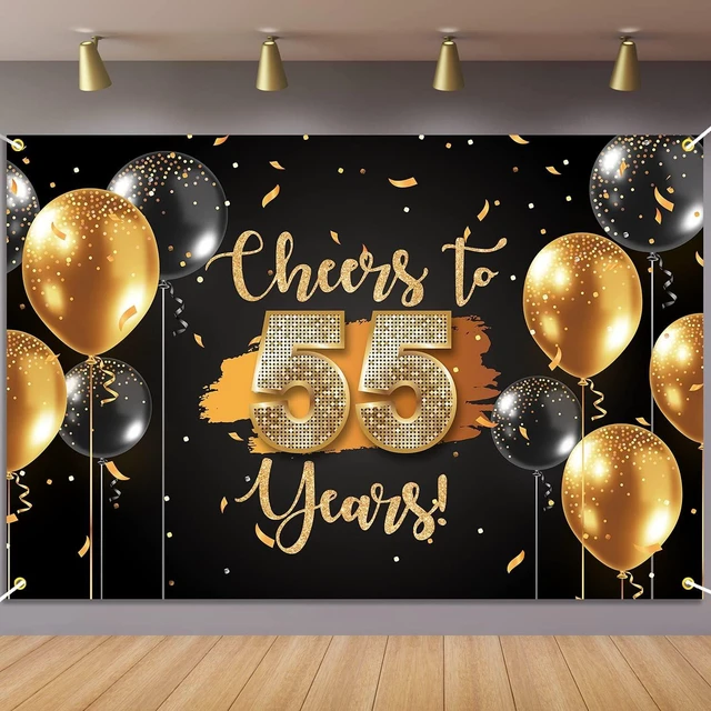Main image of Black Gold Cheers to 55 Years Backdrop Banner Happy 55th Birthday Balloon Background Decorations for Women Men Her Him Anniversary Photography Party Supplies