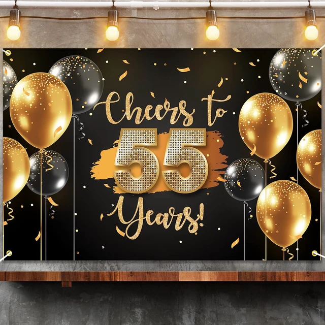Alt view image 3 of 7 - Black Gold Cheers to 55 Years Backdrop Banner Happy 55th Birthday Balloon Background Decorations for Women Men Her Him Anniversary Photography Party Supplies