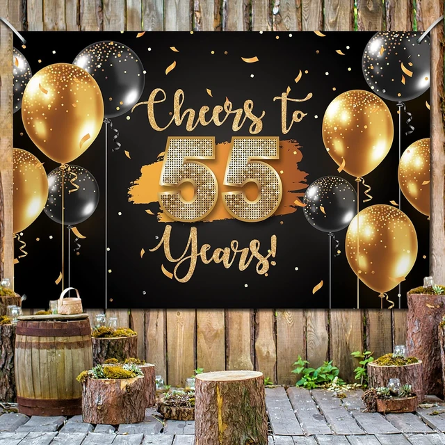 Alt view image 4 of 7 - Black Gold Cheers to 55 Years Backdrop Banner Happy 55th Birthday Balloon Background Decorations for Women Men Her Him Anniversary Photography Party Supplies