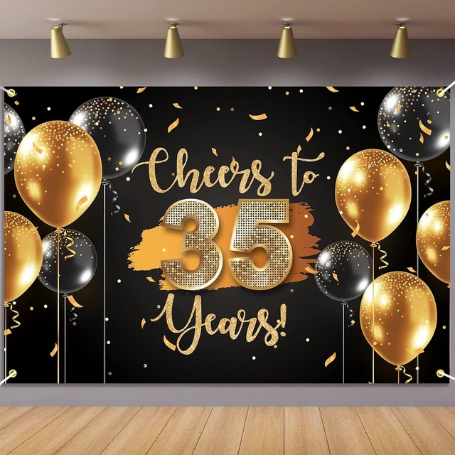 Main image of Black Gold Cheers to 35 Years Backdrop Banner Happy 35th Birthday Balloon Background Decorations for Women Men Her Him Anniversary Photography Party Supplies