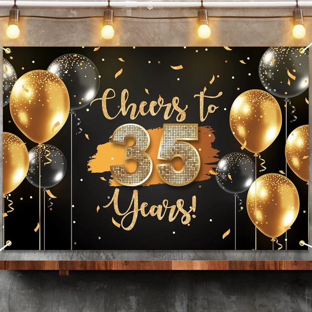 Alt view image 3 of 7 - Black Gold Cheers to 35 Years Backdrop Banner Happy 35th Birthday Balloon Background Decorations for Women Men Her Him Anniversary Photography Party Supplies