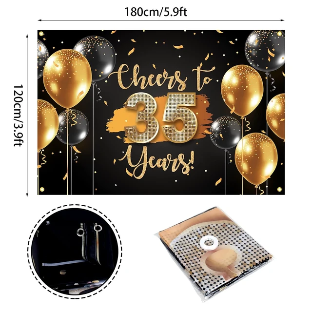 Alt view image 2 of 7 - Black Gold Cheers to 35 Years Backdrop Banner Happy 35th Birthday Balloon Background Decorations for Women Men Her Him Anniversary Photography Party Supplies