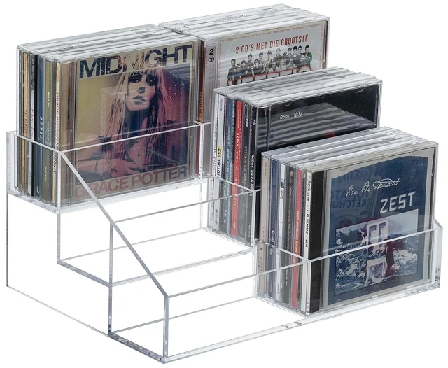 Main image of 3 Tier CD Storage Rack, Clear Acrylic Disc Holder Holds 36 Cases Three-tier organizer stores up to 36 jewel cases with a clear design for easy viewing and compact media organization