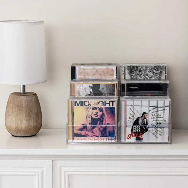 Alt view image 4 of 7 - 3 Tier CD Storage Rack, Clear Acrylic Disc Holder Holds 36 Cases Three-tier organizer stores up to 36 jewel cases with a clear design for easy viewing and compact media organization