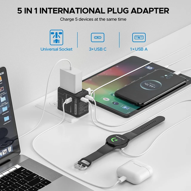 Alt view image 5 of 7 - 75W GaN Universal Travel Adapter, International Power Adapter All in One Travel Plug Adapter with 3 USB C, 1 USB A, Worldwide Outlet Wall Charger Converter for EU US UK AU 200+ Countries