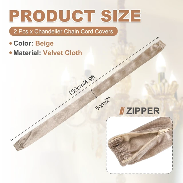 Alt view image 2 of 7 - 4.9ft Chandelier Chain Cord Cover, 2 Pcs Velvet Cloth Fabric Chain Sleeve Decorative Cord Covers for Chandelier Wires Swing Cable, Zipper Style, Beige