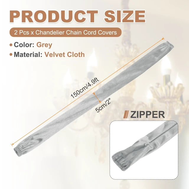 Alt view image 2 of 7 - 4.9ft Chandelier Chain Cord Cover, 2 Pcs Velvet Cloth Fabric Chain Sleeve Decorative Cord Covers for Chandelier Wires Swing Cable, Zipper Style, Gray