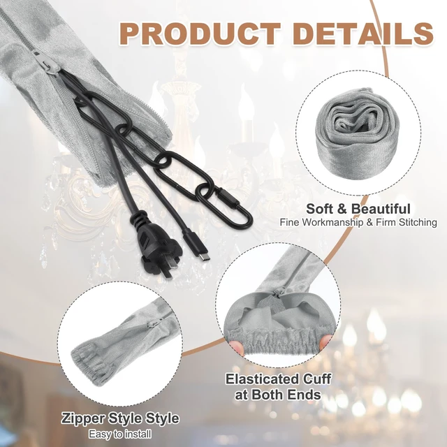 Alt view image 3 of 7 - 4.9ft Chandelier Chain Cord Cover, 2 Pcs Velvet Cloth Fabric Chain Sleeve Decorative Cord Covers for Chandelier Wires Swing Cable, Zipper Style, Gray