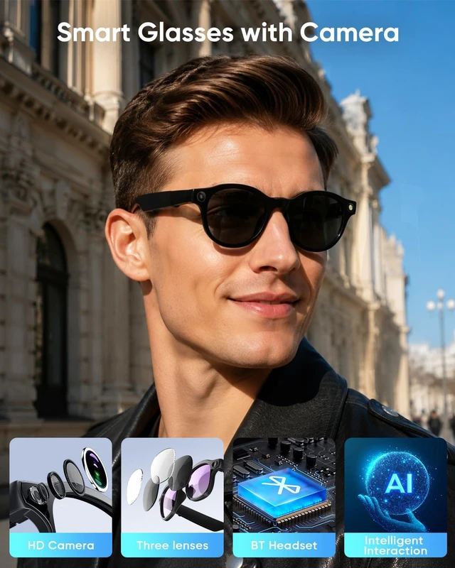 Alt view image 2 of 7 - Smart Glasses with Camera, Bluetooth Music, Video Recording, Photo Shoot, Voice Recording, AI Camera Glasses for Men Women