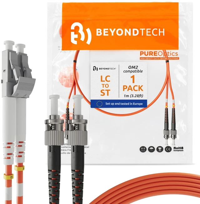 Main image of 1m (3.28ft) LC to ST Fiber Patch Cable UPC Multimode Duplex Fiber Optic Cable 50/125µm core, Compatible with OM2 LSZH PUREOptics Series