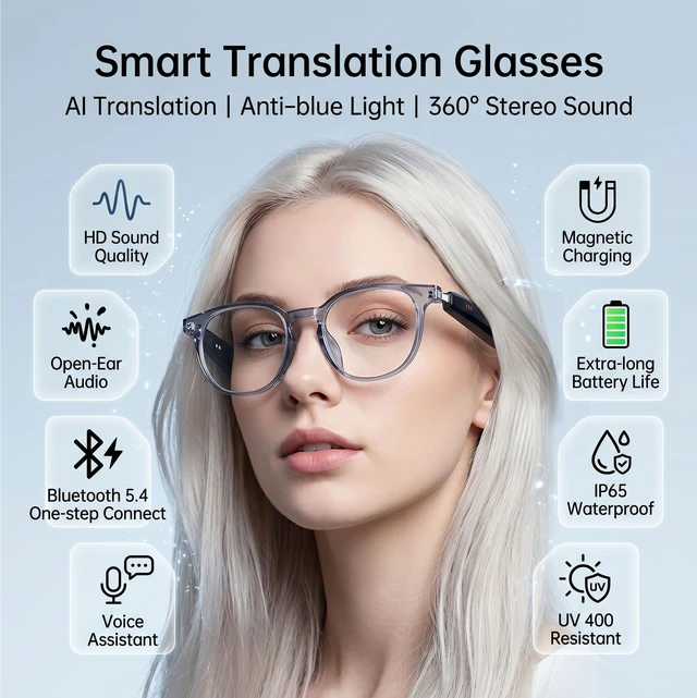 Alt view image 2 of 7 - AI Smart Bluetooth Glasses with Speakers, Translation & Photochromic 170mAh battery, open-ear audio for music, ideal for travel, work, sports