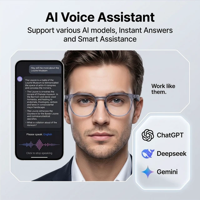 Alt view image 3 of 7 - AI Smart Bluetooth Glasses with Speakers, Translation & Photochromic 170mAh battery, open-ear audio for music, ideal for travel, work, sports