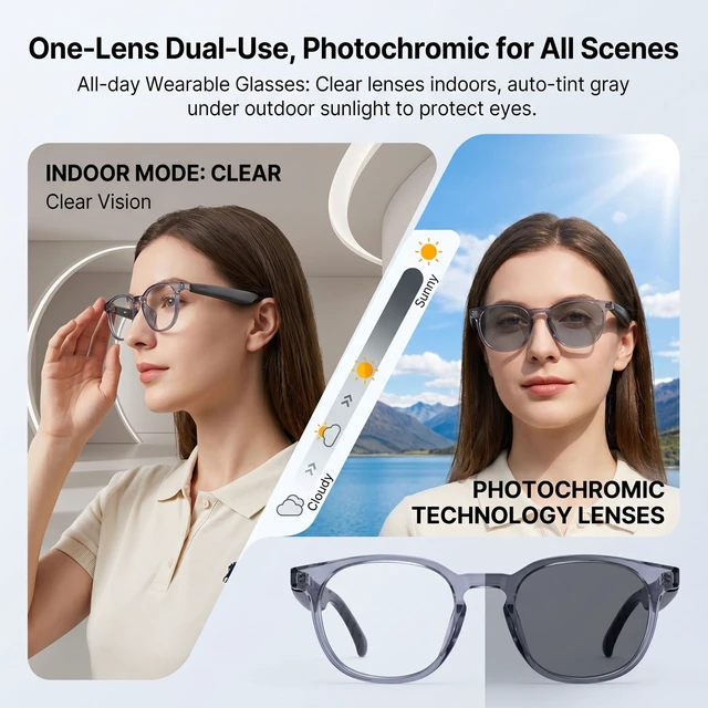 Alt view image 6 of 7 - AI Smart Bluetooth Glasses with Speakers, Translation & Photochromic 170mAh battery, open-ear audio for music, ideal for travel, work, sports