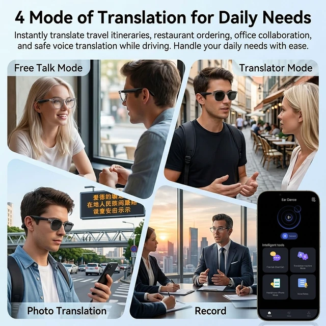 Alt view image 7 of 7 - AI Smart Bluetooth Glasses with Speakers, Translation & Photochromic 170mAh battery, open-ear audio for music, ideal for travel, work, sports