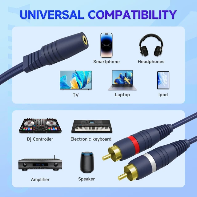 Alt view image 6 of 6 - 3.5mm to RCA Splitter, RCA Y Cable 3.5mm Female to 2 RCA Male Stereo Audio Cable AUX Adapter Connection for Subwoofer, Speaker, AMP, Turntable, Home Theater(3.5 mm Cinch Cables, 4Pcs)