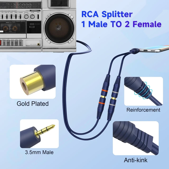 Alt view image 4 of 6 - 3.5mm to RCA Cable, Splitter Cables 1 Male to 2 Female y Adapter Splitter Cinch AV Cable for Subwoofer, Speaker, AMP, Turntable, Home Theater(3.5mm to RCA Audio Cable, 4Pack)