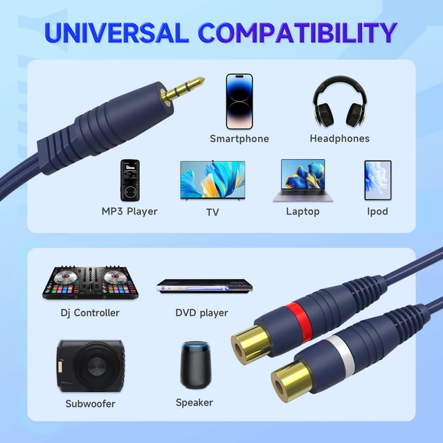 Alt view image 5 of 6 - 3.5mm to RCA Cable, Splitter Cables 1 Male to 2 Female y Adapter Splitter Cinch AV Cable for Subwoofer, Speaker, AMP, Turntable, Home Theater(3.5mm to RCA Audio Cable, 4Pack)