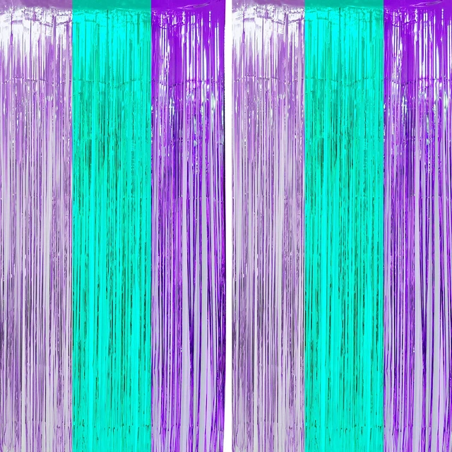 Main image of Teal Purple Tinsel Foil Fringe Curtains - Under The Sea Baby Shower Birthday Photo Backdrops Wedding Summer Beach Pool Party Decor Photo Booth Props Backdrops Decorations, 2PC