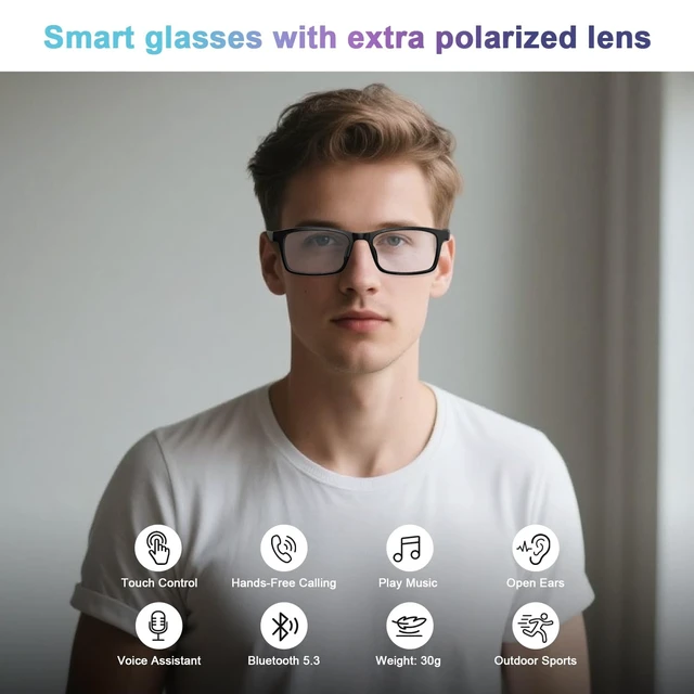 Alt view image 2 of 7 - Bluetooth Smart Glasses for Men Women, Audio Glasses with Speakers Extra UV400 Polarized Lenses, Hands-Free Calls, Touch & Voice Control, 5H Playtime, Smart Sunglasses for Working,Travelling