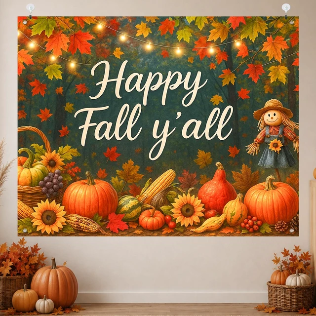 Alt view image 2 of 7 - Happy Fall Backdrop Scarecrow Sunflower Harvest 8x6ft Fall Scarecrow Sunflowers Maple Leaves Pumpkins Thanksgiving Banner for Autumn Indoor Outdoor Party Decoration Photo Booth