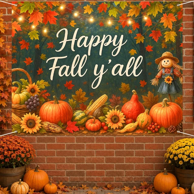 Alt view image 3 of 7 - Happy Fall Backdrop Scarecrow Sunflower Harvest 8x6ft Fall Scarecrow Sunflowers Maple Leaves Pumpkins Thanksgiving Banner for Autumn Indoor Outdoor Party Decoration Photo Booth