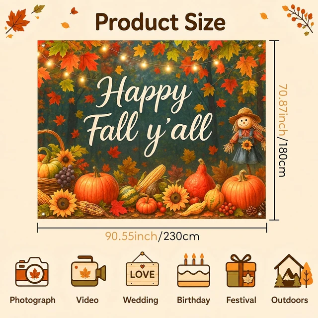 Alt view image 6 of 7 - Happy Fall Backdrop Scarecrow Sunflower Harvest 8x6ft Fall Scarecrow Sunflowers Maple Leaves Pumpkins Thanksgiving Banner for Autumn Indoor Outdoor Party Decoration Photo Booth