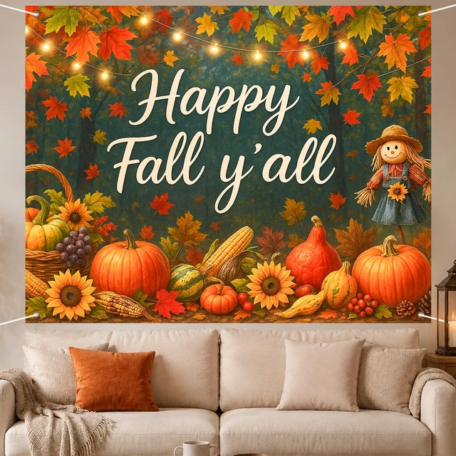 Alt view image 4 of 7 - Happy Fall Backdrop Scarecrow Sunflower Harvest 8x6ft Fall Scarecrow Sunflowers Maple Leaves Pumpkins Thanksgiving Banner for Autumn Indoor Outdoor Party Decoration Photo Booth