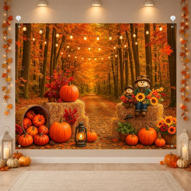 Main image of Fall Backdrop Scarecrow Sunflower Harvest Banner 8x6ft Fall Scarecrow Sunflowers Maple Leaves Pumpkins Thanksgiving Banner for Autumn Indoor Outdoor Party Decoration Photo Booth