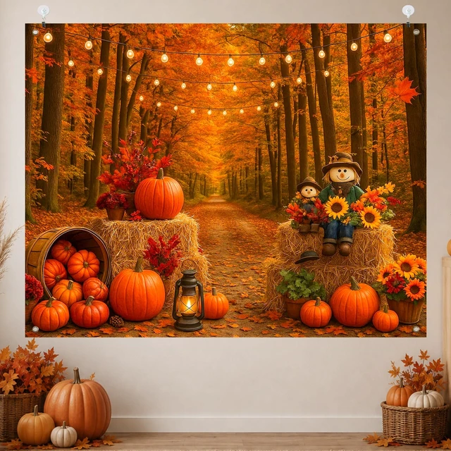 Alt view image 2 of 7 - Fall Backdrop Scarecrow Sunflower Harvest Banner 8x6ft Fall Scarecrow Sunflowers Maple Leaves Pumpkins Thanksgiving Banner for Autumn Indoor Outdoor Party Decoration Photo Booth