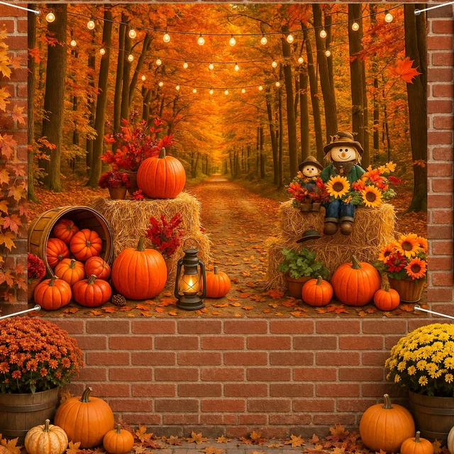 Alt view image 3 of 7 - Fall Backdrop Scarecrow Sunflower Harvest Banner 8x6ft Fall Scarecrow Sunflowers Maple Leaves Pumpkins Thanksgiving Banner for Autumn Indoor Outdoor Party Decoration Photo Booth