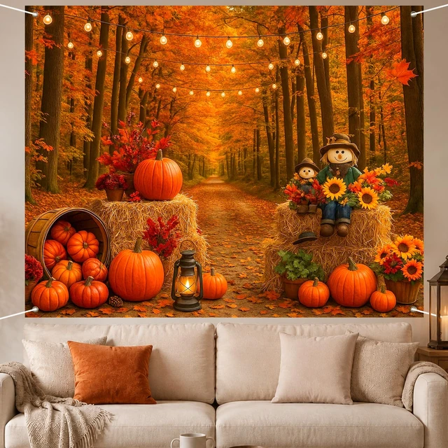 Alt view image 4 of 7 - Fall Backdrop Scarecrow Sunflower Harvest Banner 8x6ft Fall Scarecrow Sunflowers Maple Leaves Pumpkins Thanksgiving Banner for Autumn Indoor Outdoor Party Decoration Photo Booth