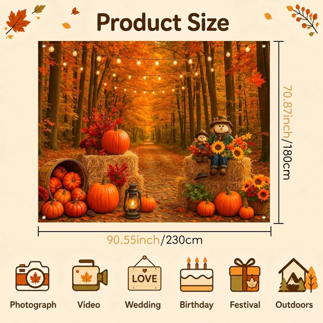 Alt view image 6 of 7 - Fall Backdrop Scarecrow Sunflower Harvest Banner 8x6ft Fall Scarecrow Sunflowers Maple Leaves Pumpkins Thanksgiving Banner for Autumn Indoor Outdoor Party Decoration Photo Booth