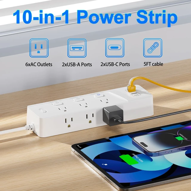 Alt view image 2 of 7 - 6-Outlet Power Strip with 4 USB Ports (2 USB-C), 6Ft Extension Cord, Individual Switches, 1250W/10A Desk Power Strip with Overload Protection for Home Office, Dorm, Bedroom, White