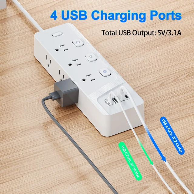 Alt view image 3 of 7 - 6-Outlet Power Strip with 4 USB Ports (2 USB-C), 6Ft Extension Cord, Individual Switches, 1250W/10A Desk Power Strip with Overload Protection for Home Office, Dorm, Bedroom, White